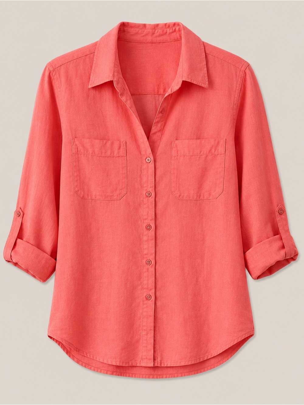 Eileen Fisher Organic Linen Cotton Button Front Shirt Coral Pink Roll Tab Size S